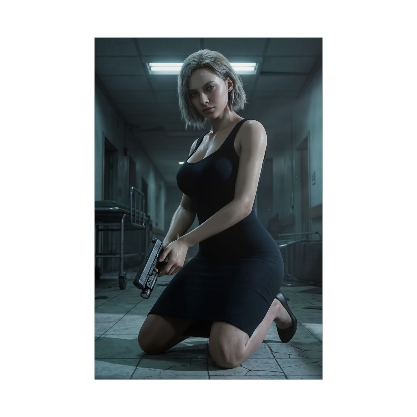 Grace Ashcroft Poster, Resident Evil Requiem Art Print, Horror Game Decor - moody character art of armed woman in dark hospital corridor