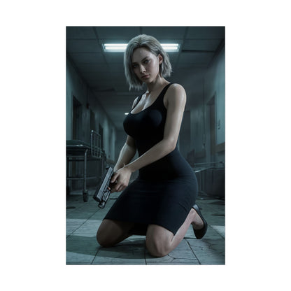 Grace Ashcroft Poster, Resident Evil Requiem Art Print, Horror Game Decor - moody character art of woman kneeling with handgun in dim hospital corridor