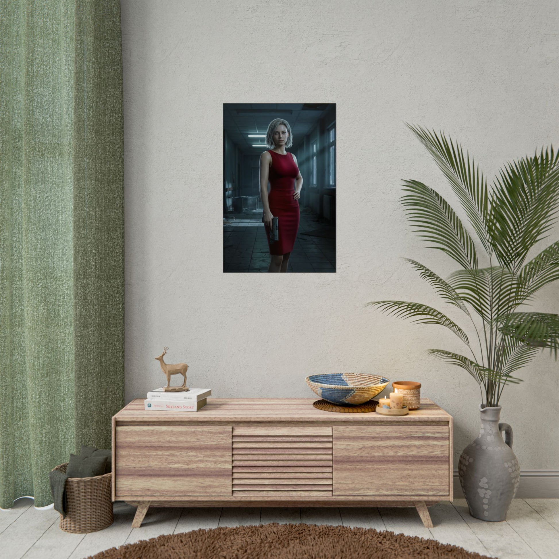 Grace Ashcroft Poster, Resident Evil Requiem Art Print, Horror Game Wall Art – moody character print of woman in red dress for gaming/horror decor