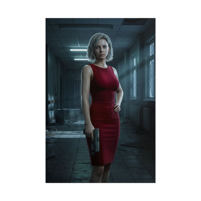 Grace Ashcroft Poster, Resident Evil Requiem Art Print, Horror Game Wall Art — moody cinematic character portrait of Grace holding a pistol in dark corridor