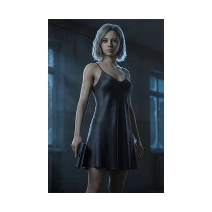 Grace Ashcroft Poster, Resident Evil Requiem Art Print, Survival Horror Wall Art showing character in black dress holding pistol with dramatic low-key lighting