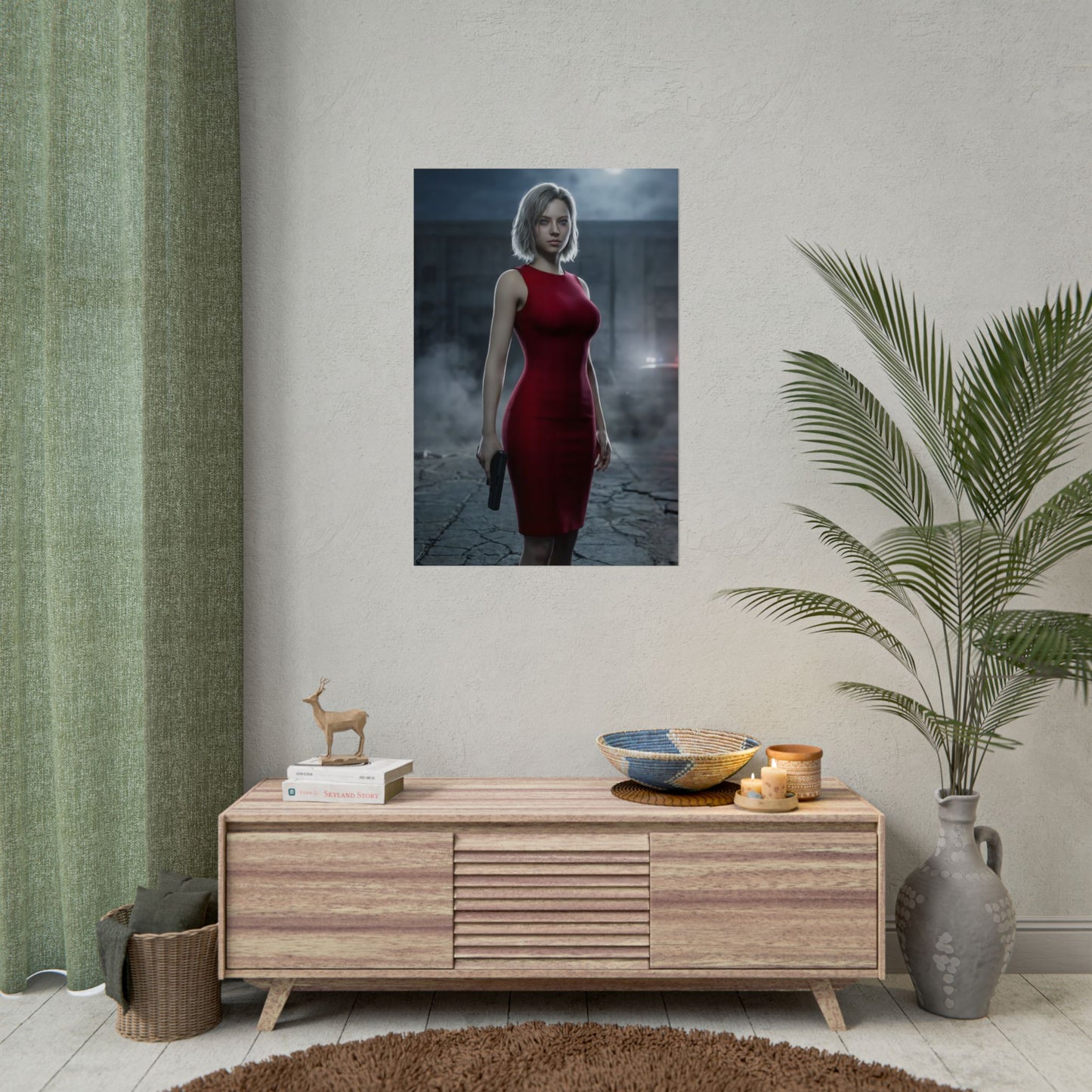 Grace Ashcroft Poster, Resident Evil Requiem Art Print, Dark Fantasy Wall Art - moody character print of woman in red dress for gaming decor