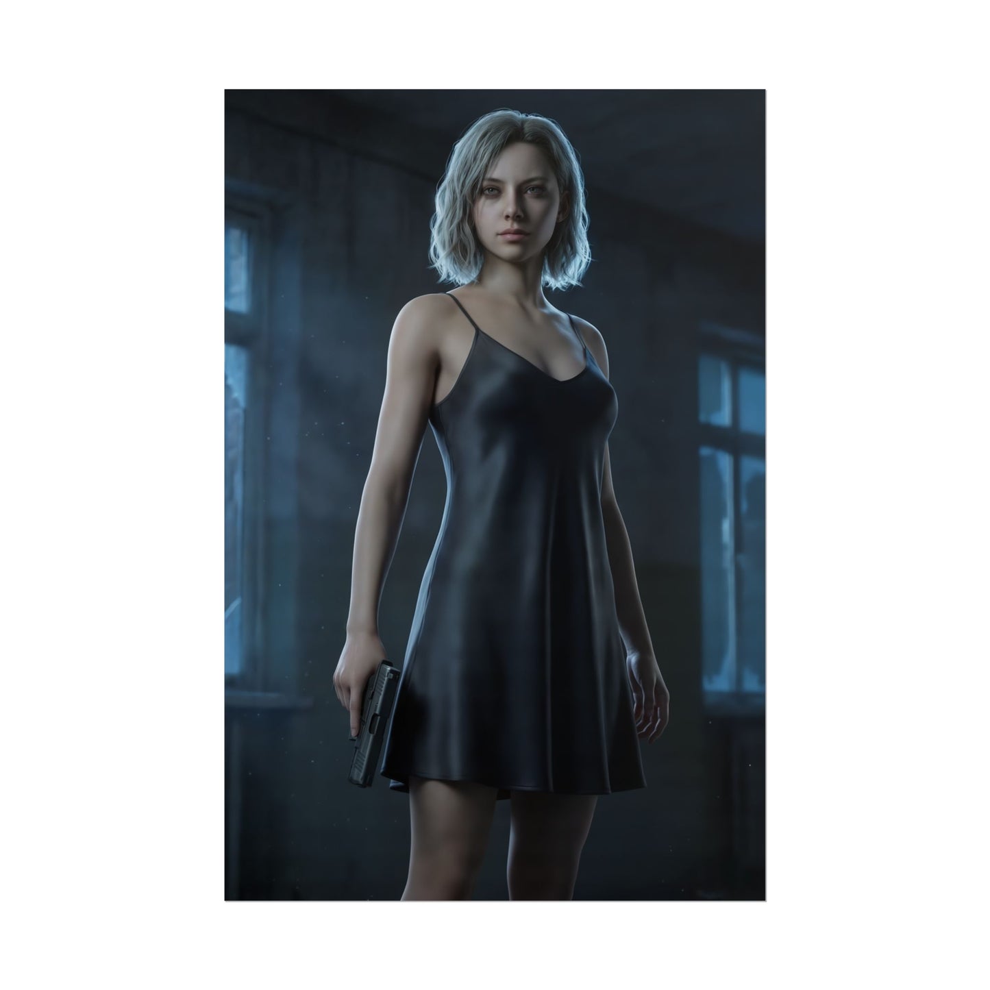 Grace Ashcroft Poster, Resident Evil Requiem Art Print, Survival Horror Wall Art - moody character portrait of Grace holding a pistol in low-key lighting