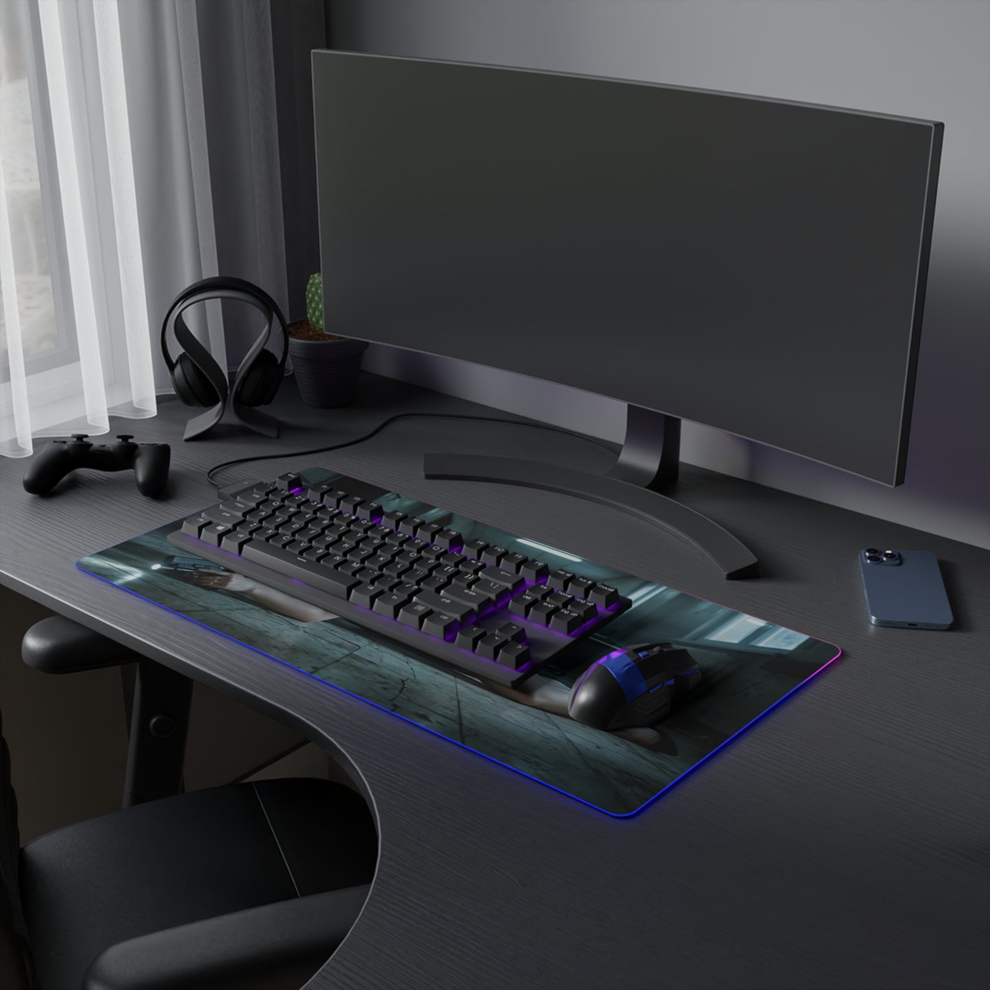 Grace Ashcroft Mouse Pad Large Gaming Resident Evil RGB Desk Mat on dark gaming desk with keyboard, mouse and RGB edge lighting