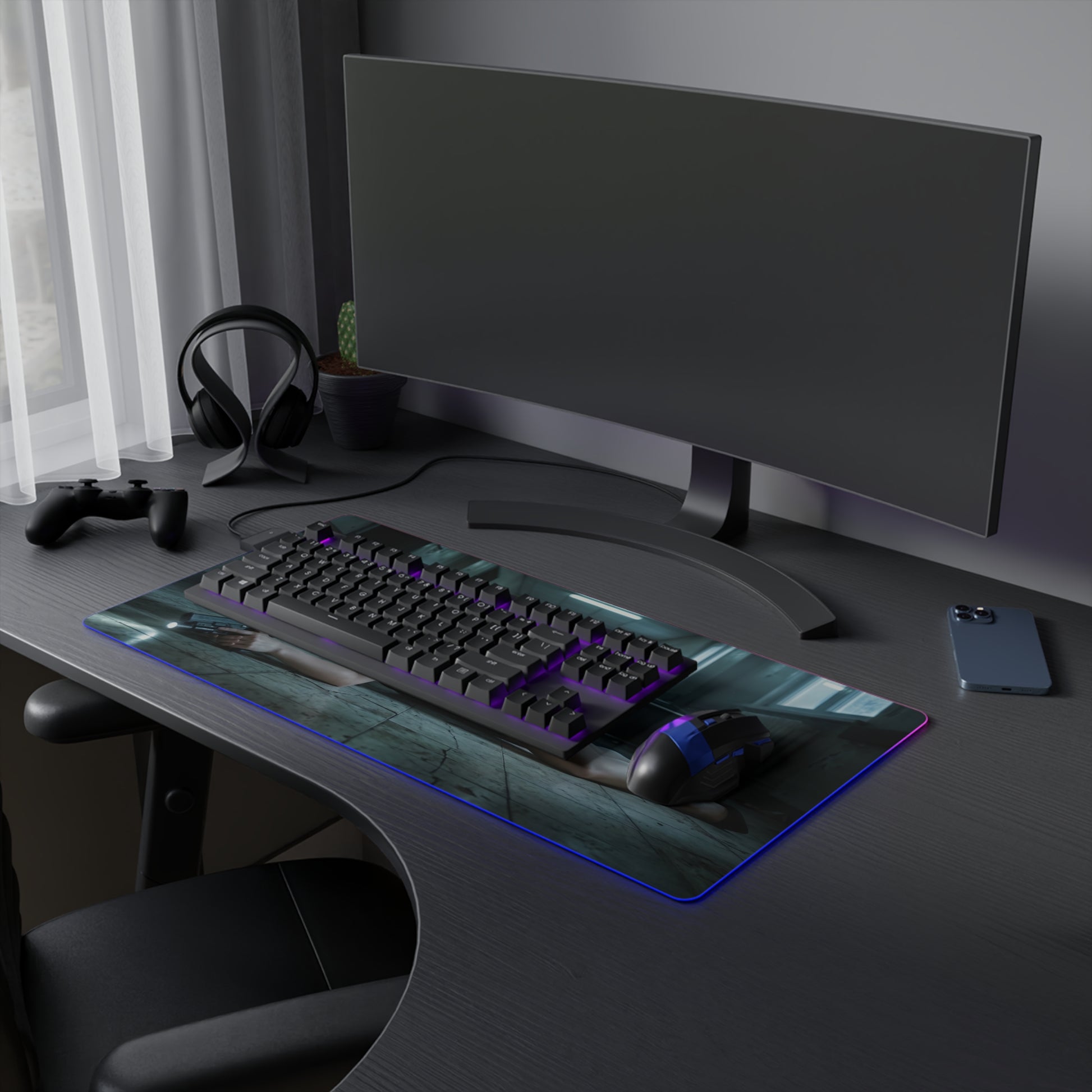 Grace Ashcroft Mouse Pad Large Gaming Resident Evil RGB Desk Mat on dark gaming desk with keyboard, mouse and RGB edge lighting