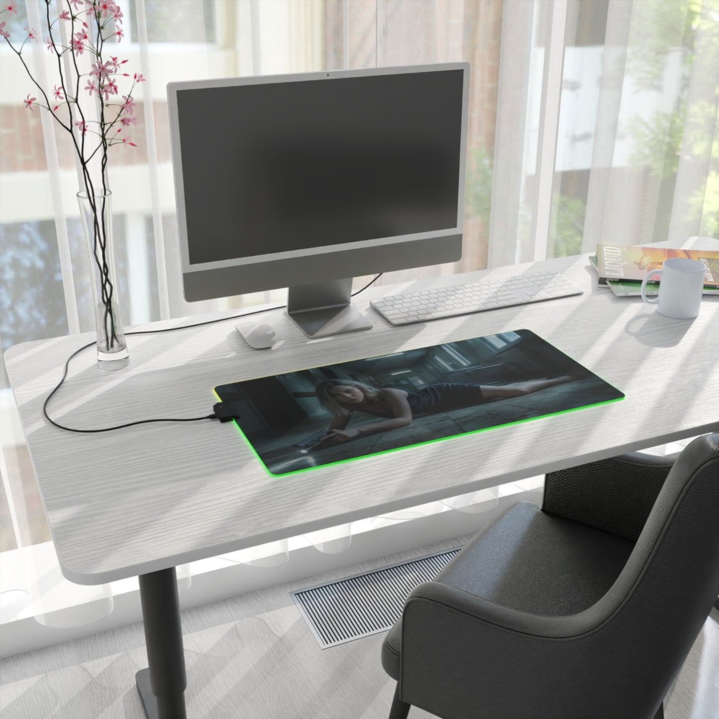 Grace Ashcroft Mouse Pad Large Gaming Resident Evil RGB Desk Mat on modern white desk with green LED edge and character artwork