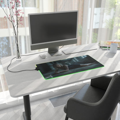Grace Ashcroft Mouse Pad Large Gaming Resident Evil RGB Desk Mat on modern white desk with green LED edge and character artwork