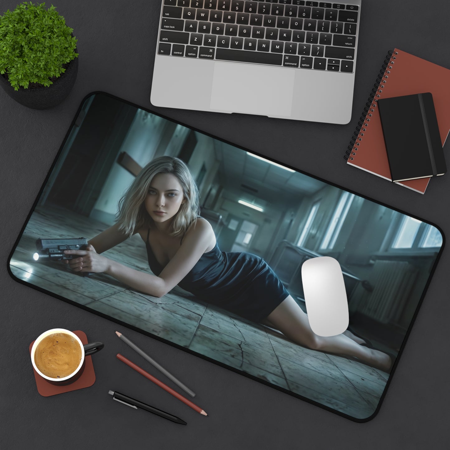 Grace Ashcroft Mouse Pad, Resident Evil Desk Mat, Gift for Gamer — dramatic survival-horror desk mat with protagonist holding a flashlight and gun