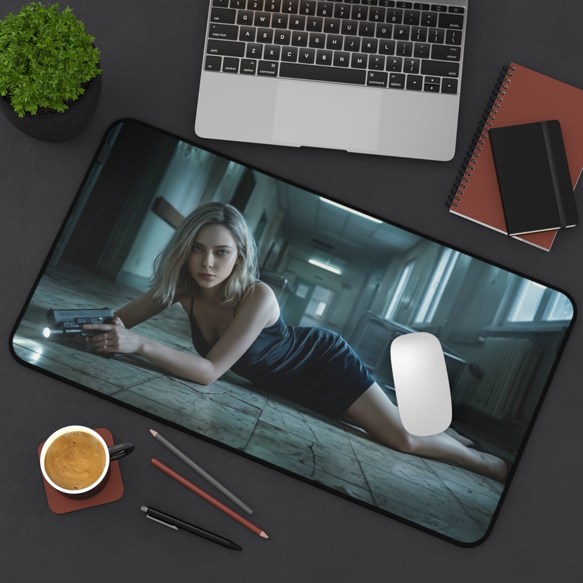 Grace Ashcroft Mouse Pad, Resident Evil Desk Mat, Gift for Gamer — dramatic survival-horror desk mat with protagonist holding a flashlight and gun
