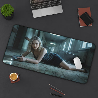Grace Ashcroft Mouse Pad, Resident Evil Desk Mat, Gift for Gamer showing protagonist with flashlight and handgun in dark corridor on desk mat