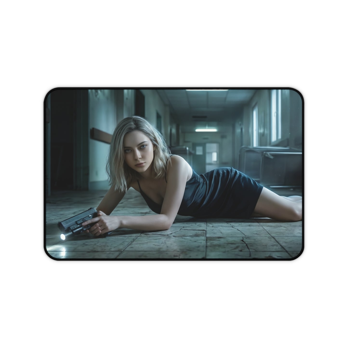 Grace Ashcroft Mouse Pad, Resident Evil Desk Mat, Gift for Gamer featuring protagonist in dark corridor with gun and flashlight