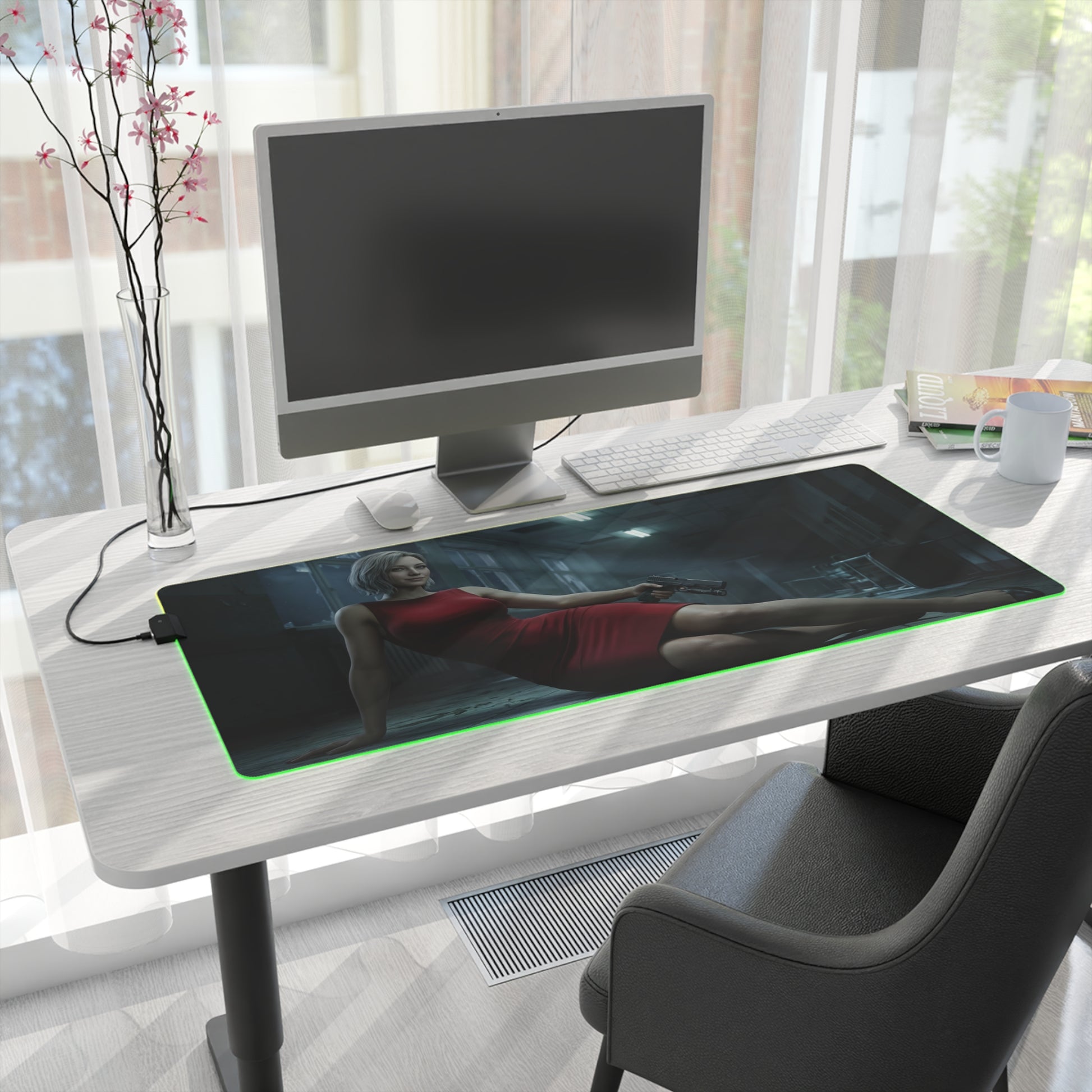 Grace Ashcroft Mouse Pad Resident Evil Gaming Desk Mat RGB Gamer Gift - premium RGB desk mat with Grace Ashcroft artwork on white office desk