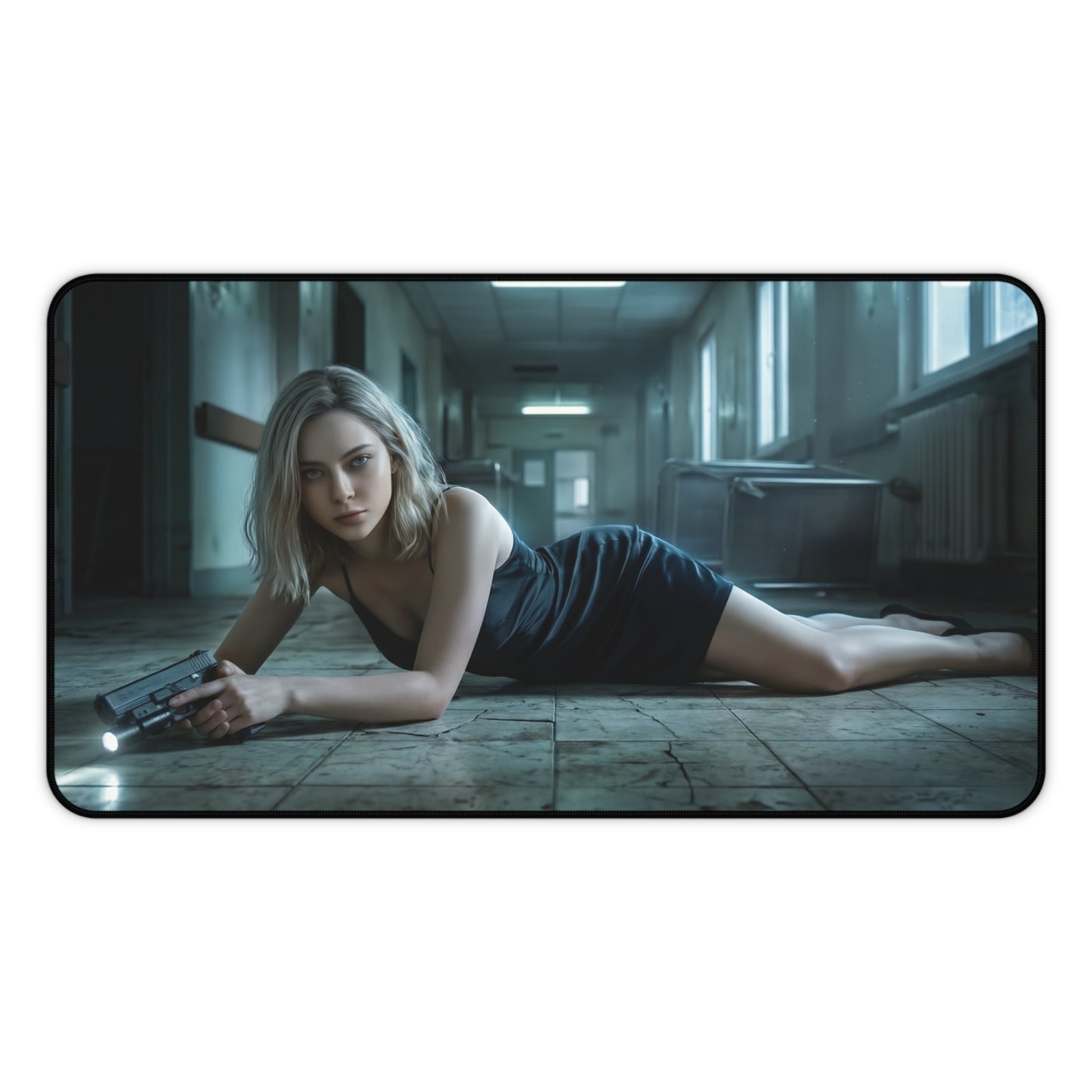 Grace Ashcroft Mouse Pad, Resident Evil Desk Mat, Gift for Gamer – dramatic protagonist in dim corridor holding flashlight and handgun on floor