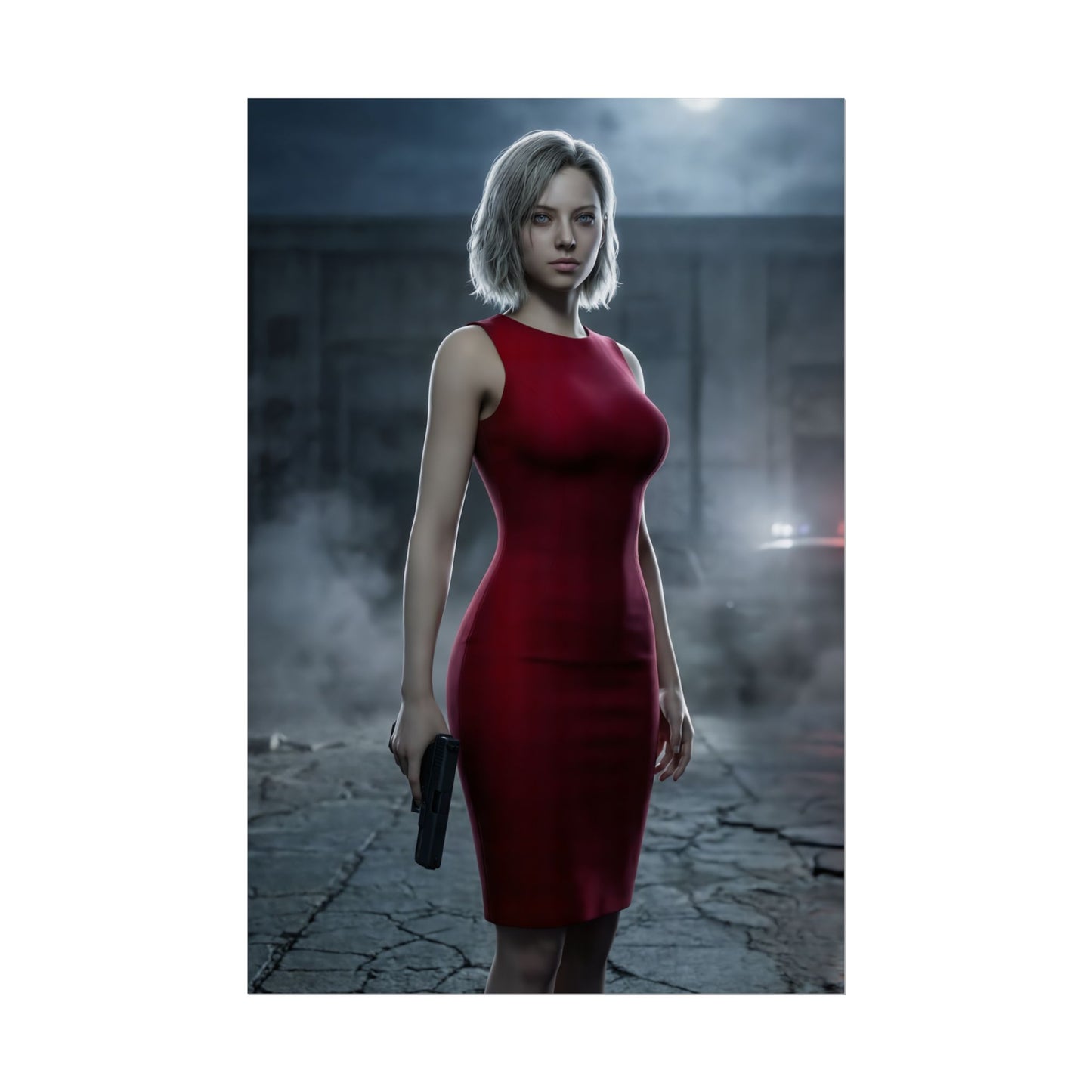 Grace Ashcroft Poster, Resident Evil Requiem Art Print, Dark Fantasy Wall Art — moody character portrait of woman in red dress holding pistol with foggy urban background