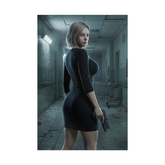 Grace Ashcroft Resident Evil Poster, Resident Evil Requiem Art Print, Horror Game Wall Art — cinematic character portrait of Grace in moody hospital hallway holding pistol