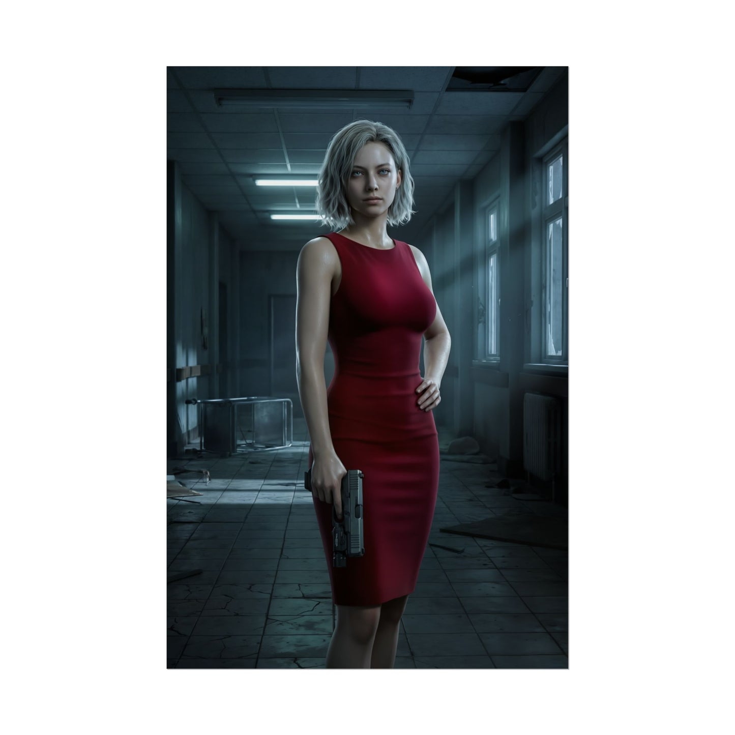 Grace Ashcroft Poster, Resident Evil Requiem Art Print, Horror Game Wall Art - moody character portrait of Grace Ashcroft in red dress holding a pistol