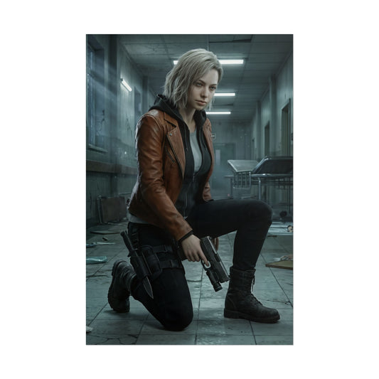 Grace Ashcroft Poster, Resident Evil Requiem Art Print, Horror Game Poster — cinematic character art of Grace Ashcroft kneeling with pistol in dim hospital corridor