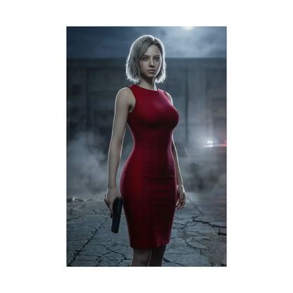 Grace Ashcroft Poster, Resident Evil Requiem Art Print, Dark Fantasy Wall Art - moody character portrait of woman in red dress holding handgun