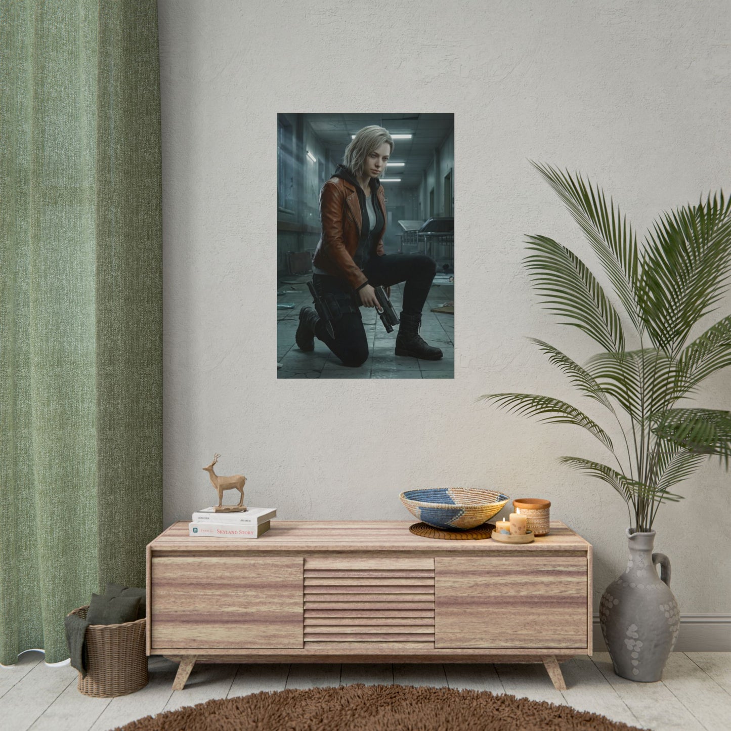 Grace Ashcroft Poster, Resident Evil Requiem Art Print, Horror Game Poster displayed in a styled living room wall