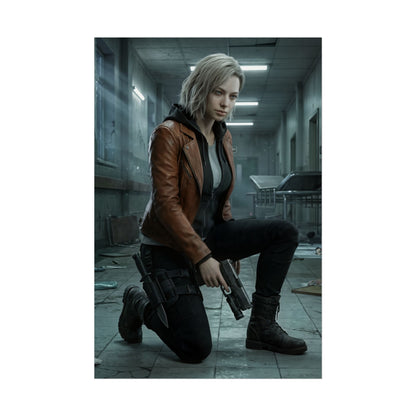Grace Ashcroft Poster, Resident Evil Requiem Art Print, Horror Game Poster — cinematic character art of Grace Ashcroft kneeling in dim hospital corridor