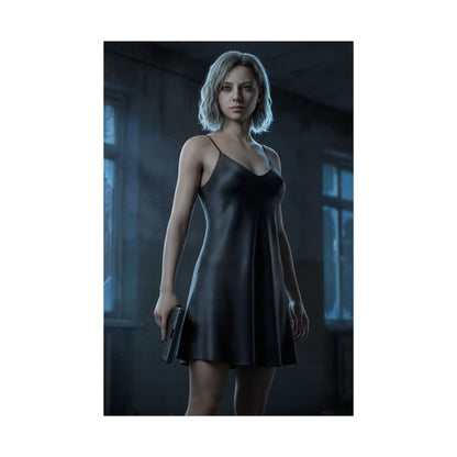 Grace Ashcroft Poster, Resident Evil Requiem Art Print, Survival Horror Wall Art – low-key portrait of Grace Ashcroft holding a pistol in a dark, atmospheric room