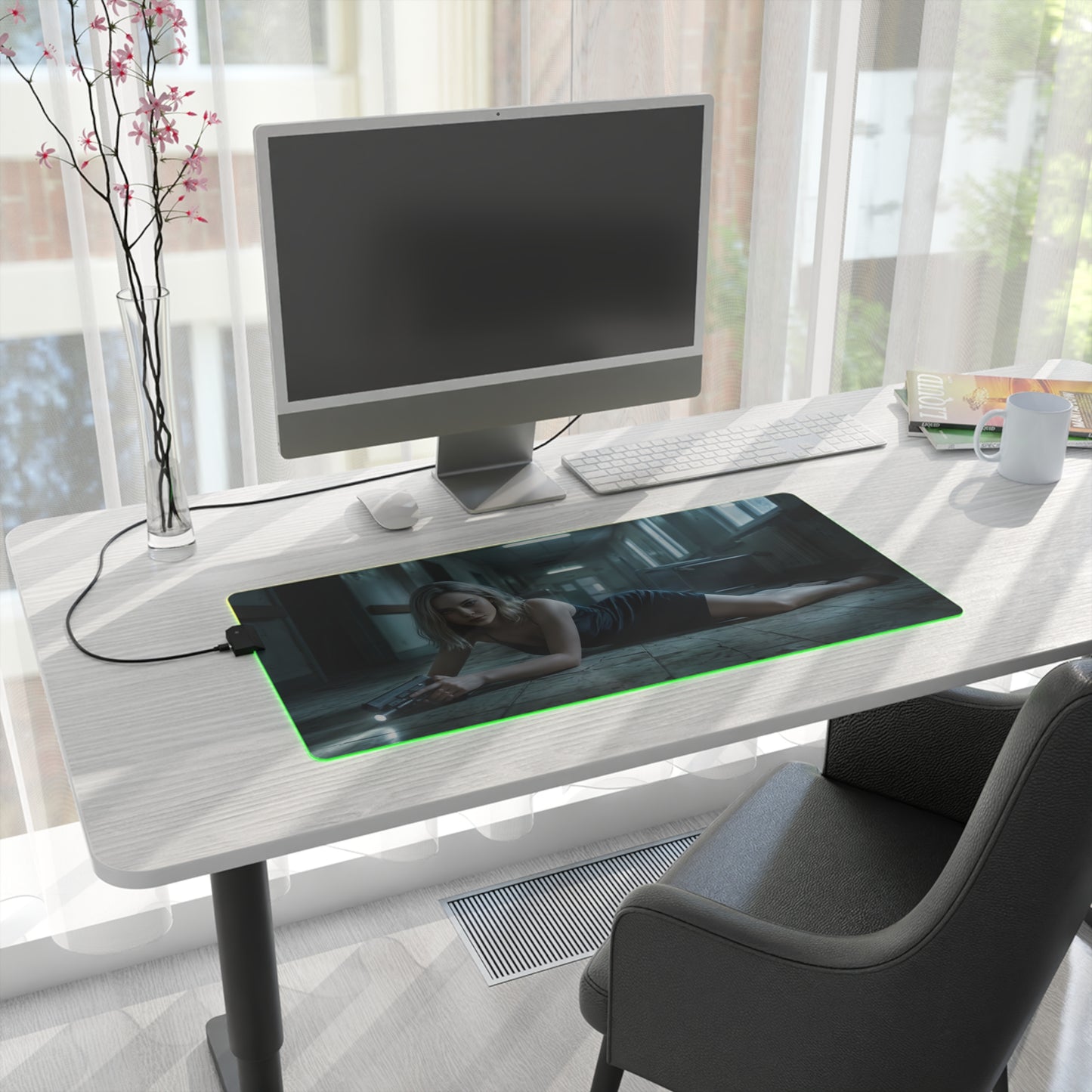 Grace Ashcroft Mouse Pad Large Gaming Resident Evil RGB Desk Mat displaying cinematic character artwork with RGB lighting on white desk
