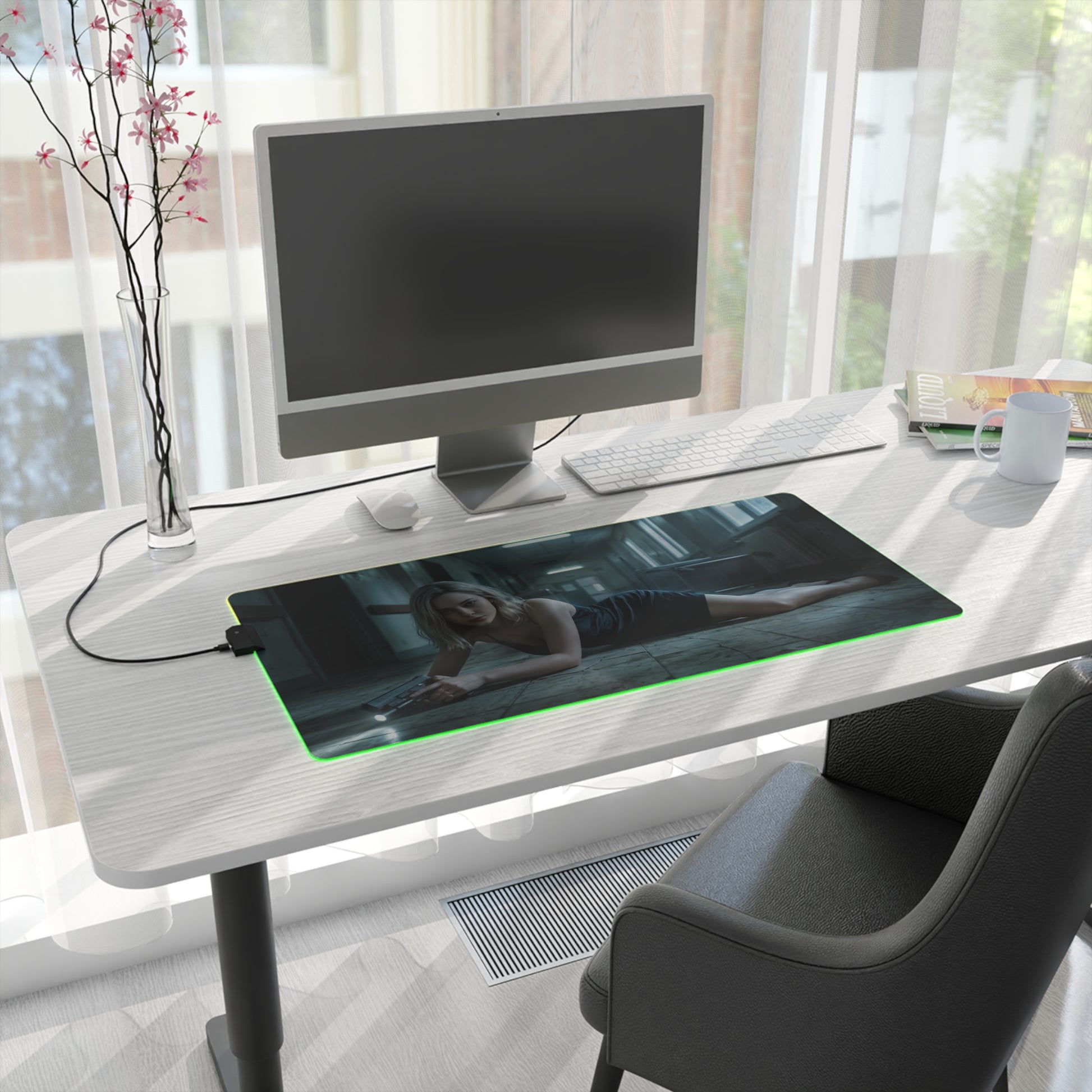 Grace Ashcroft Mouse Pad Large Gaming Resident Evil RGB Desk Mat displaying cinematic character artwork with RGB lighting on white desk