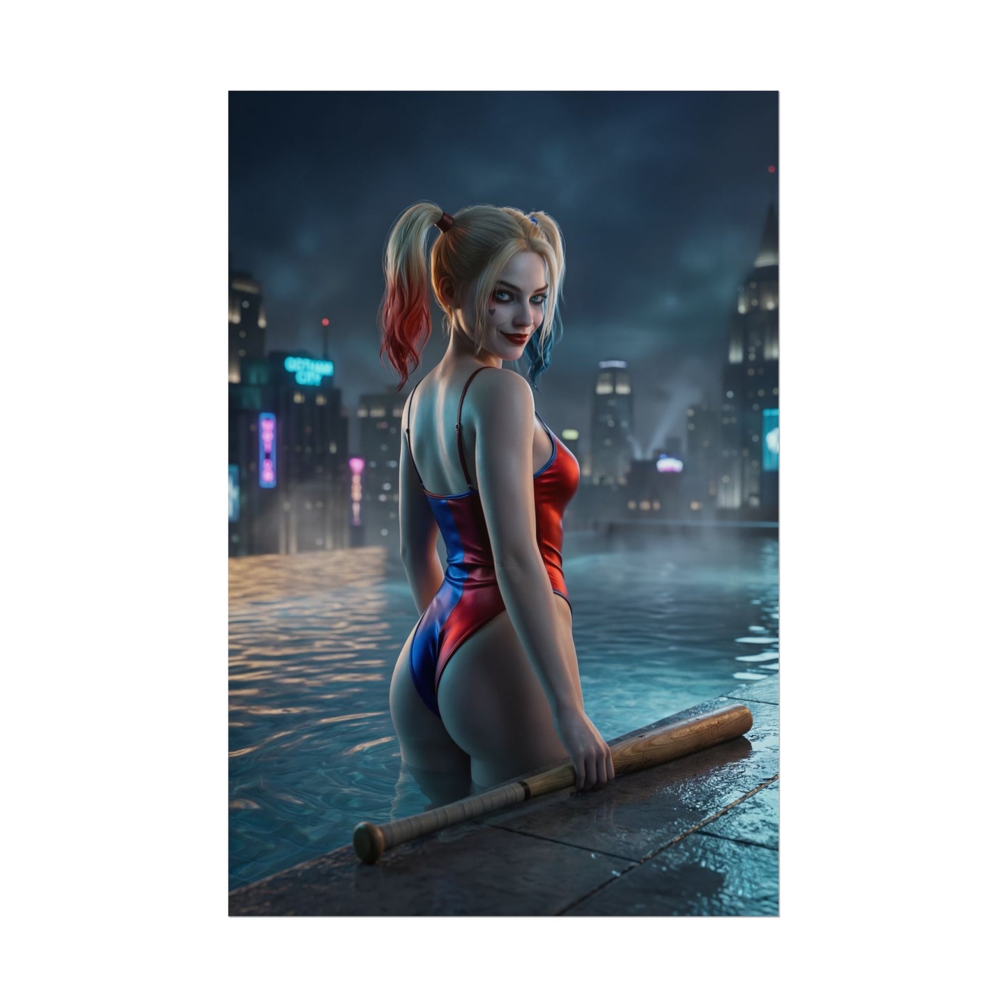 DC Comics Poster – Harley Quinn Art Print, Gotham Character Wall Art featuring Harley Quinn in rooftop pool at night with Gotham skyline