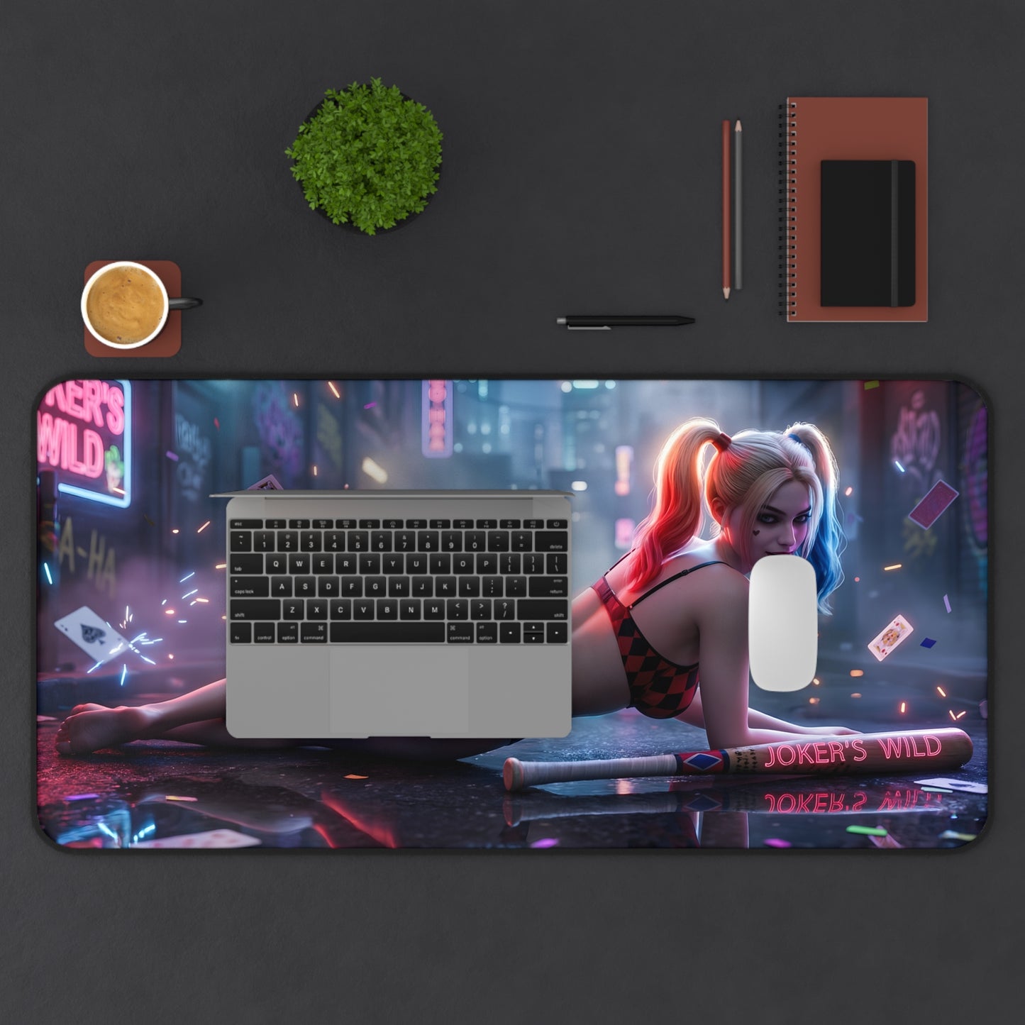 Harley Quinn Mouse Pad – DC Comics Gaming Mouse Pad, Stylish Gamer Desk Decor showing comic-style Harley Quinn on a large gaming desk mat