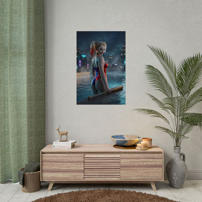 DC Comics Poster – Harley Quinn Art Print, Gotham Character Wall Art showing Harley Quinn rooftop pool at night over Gotham skyline