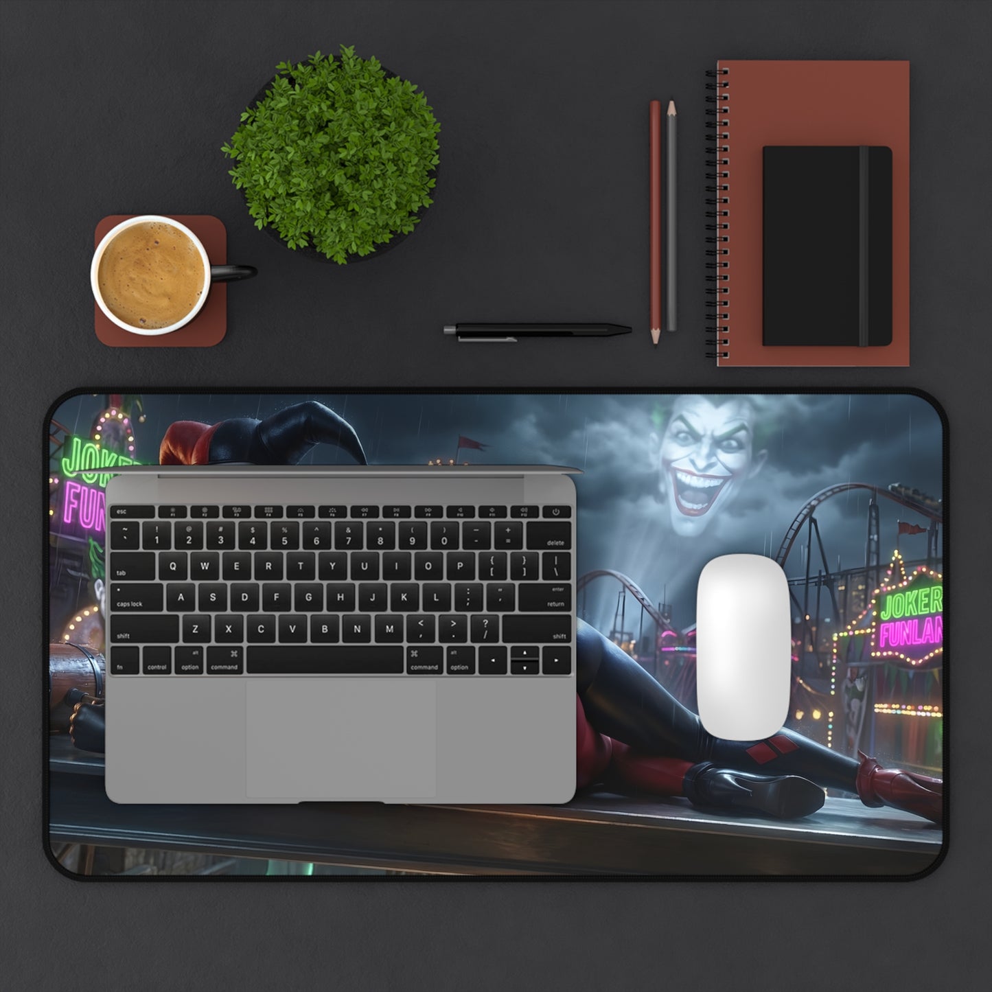 Harley Quinn Mouse Pad – Gotham Style Gaming Mouse Pad, Stylish Gamer Desk Decor on desk with laptop, mouse, Joker background