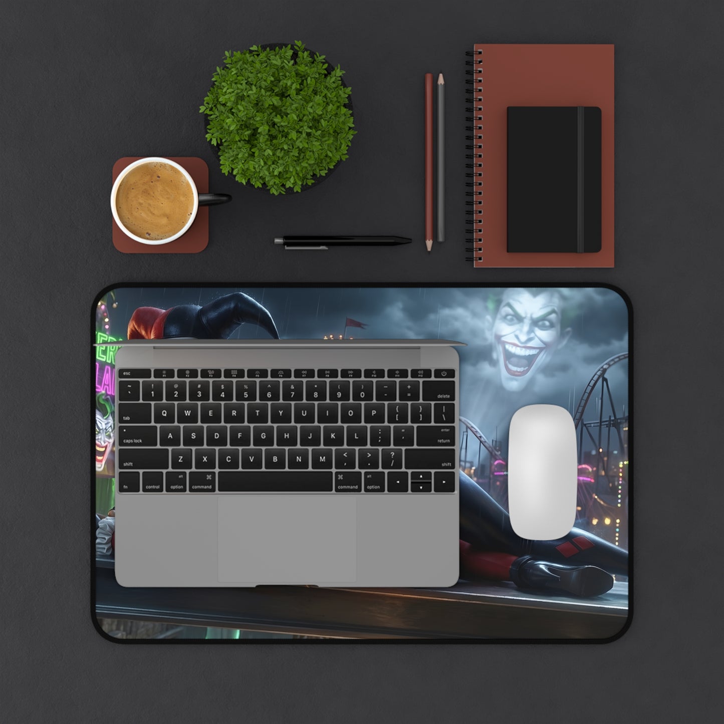 Harley Quinn Mouse Pad – Gotham Style Gaming Mouse Pad, Stylish Gamer Desk Decor on desk with laptop and mouse, Joker art background