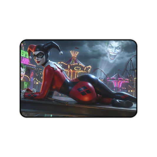 Harley Quinn Mouse Pad – Gotham Style Gaming Mouse Pad, Stylish Gamer Desk Decor featuring Harley Quinn lounging with Joker in neon Gotham fairground