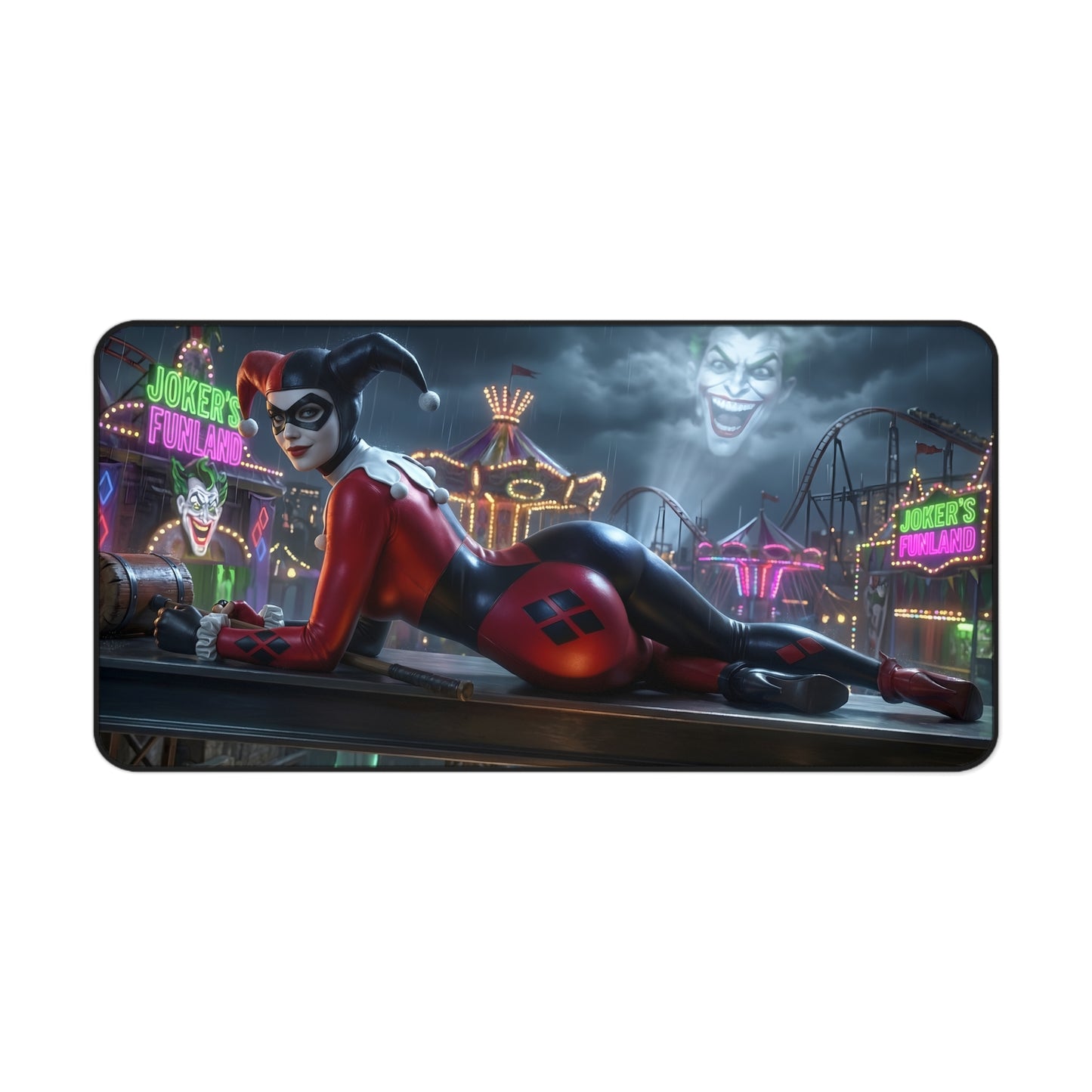 Harley Quinn Mouse Pad – Gotham Style Gaming Mouse Pad, Stylish Gamer Desk Decor with Harley Quinn lounging amid Joker’s carnival scene