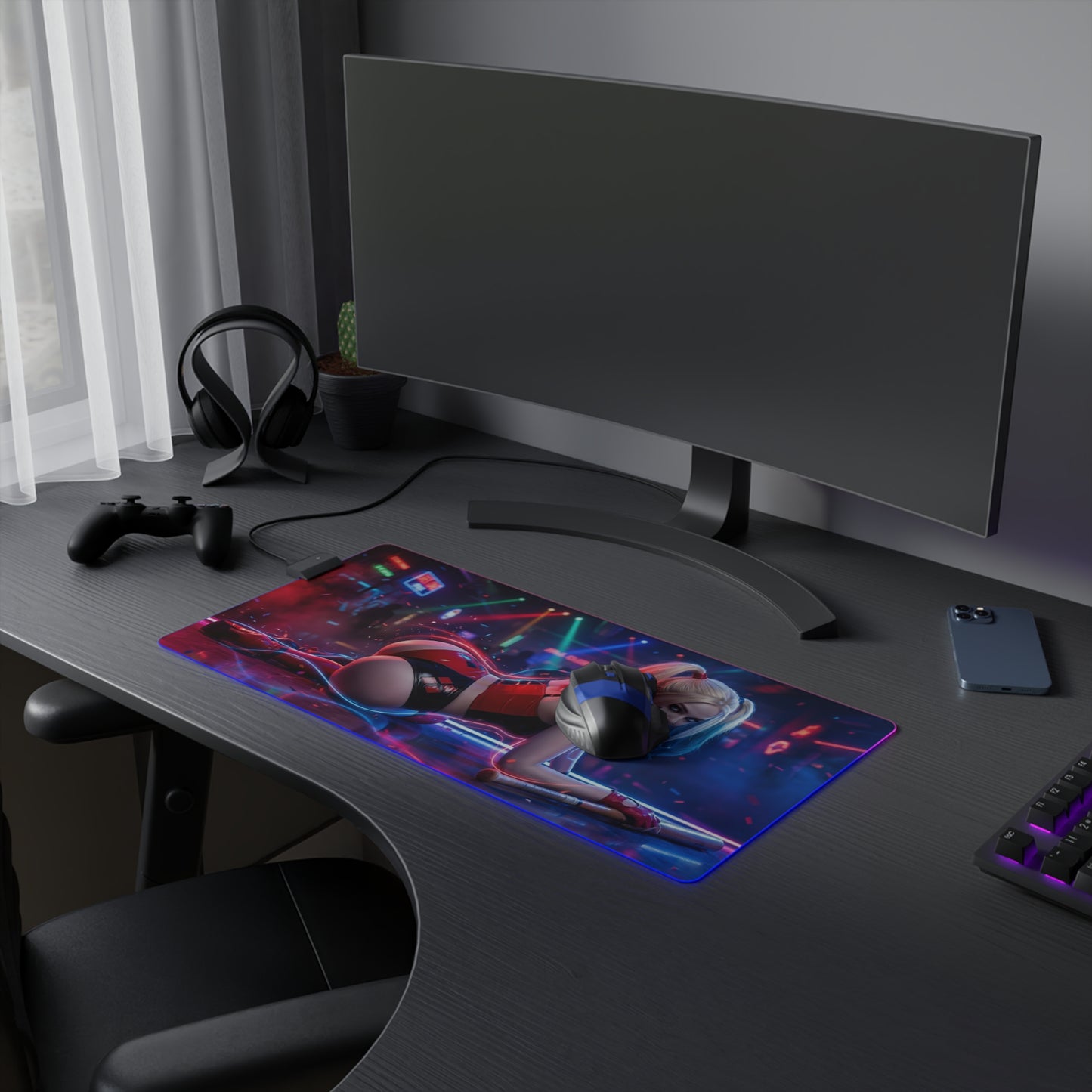DC Mouse Pad, Harley Quinn LED RGB Desk Mat, Gift for Gamer, Superhero Room Decor on gaming desk with mouse and keyboard