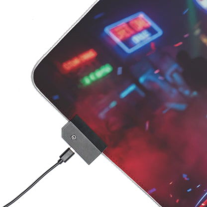 DC Mouse Pad, Harley Quinn LED RGB Desk Mat, Gift for Gamer, Superhero Room Decor - corner close-up with LED controller and neon gaming artwork