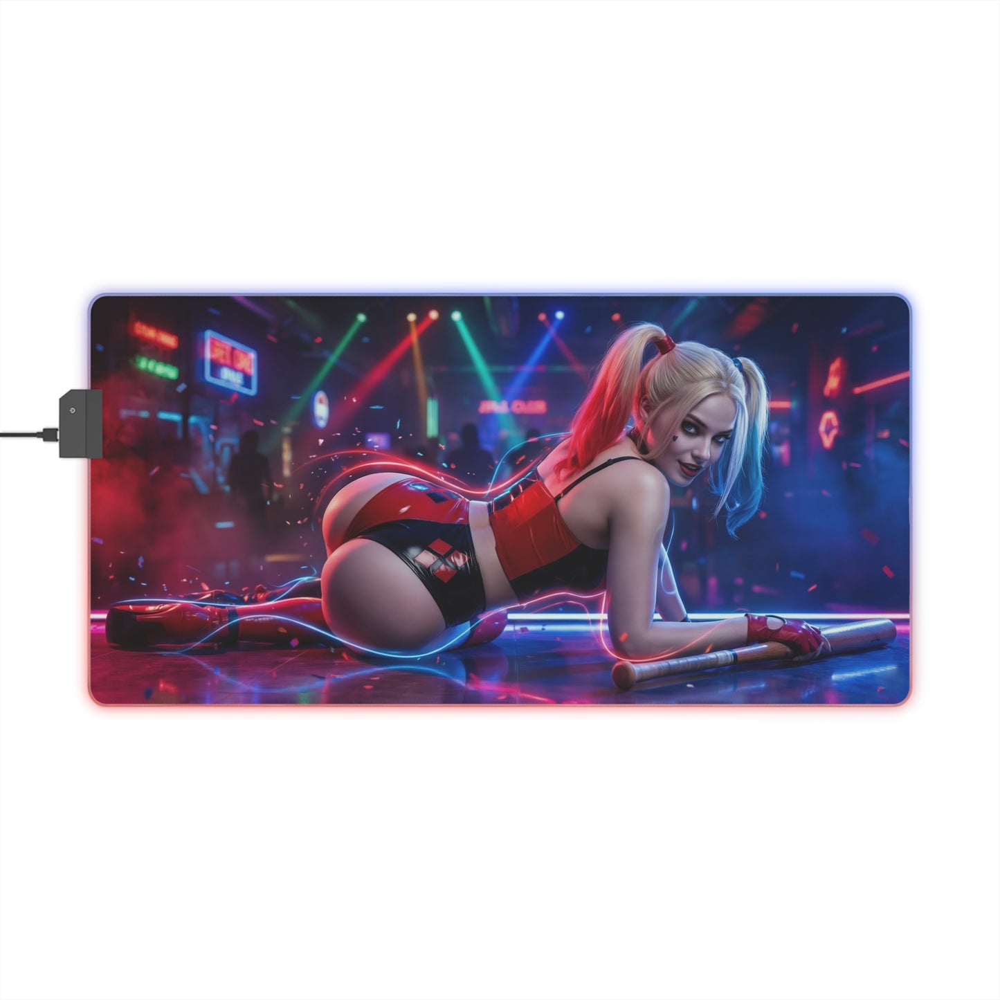 DC Mouse Pad, Harley Quinn LED RGB Desk Mat, Gift for Gamer, Superhero Room Decor - Harley Quinn reclining neon gaming desk mat with RGB lighting