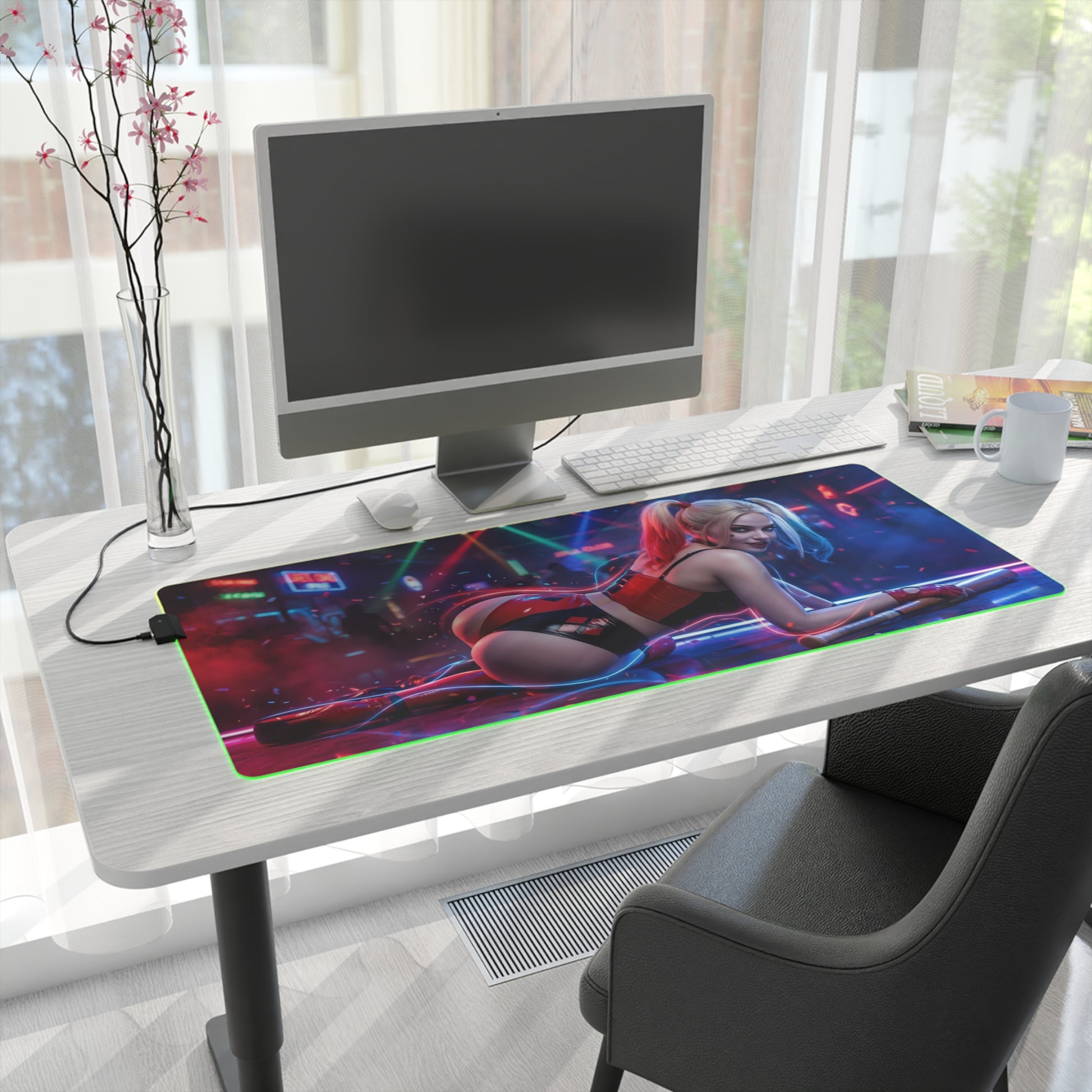 DC Mouse Pad, Harley Quinn LED RGB Desk Mat, Gift for Gamer, Superhero Room Decor — wide gaming desk mat showing Harley Quinn artwork with RGB edge on white desk