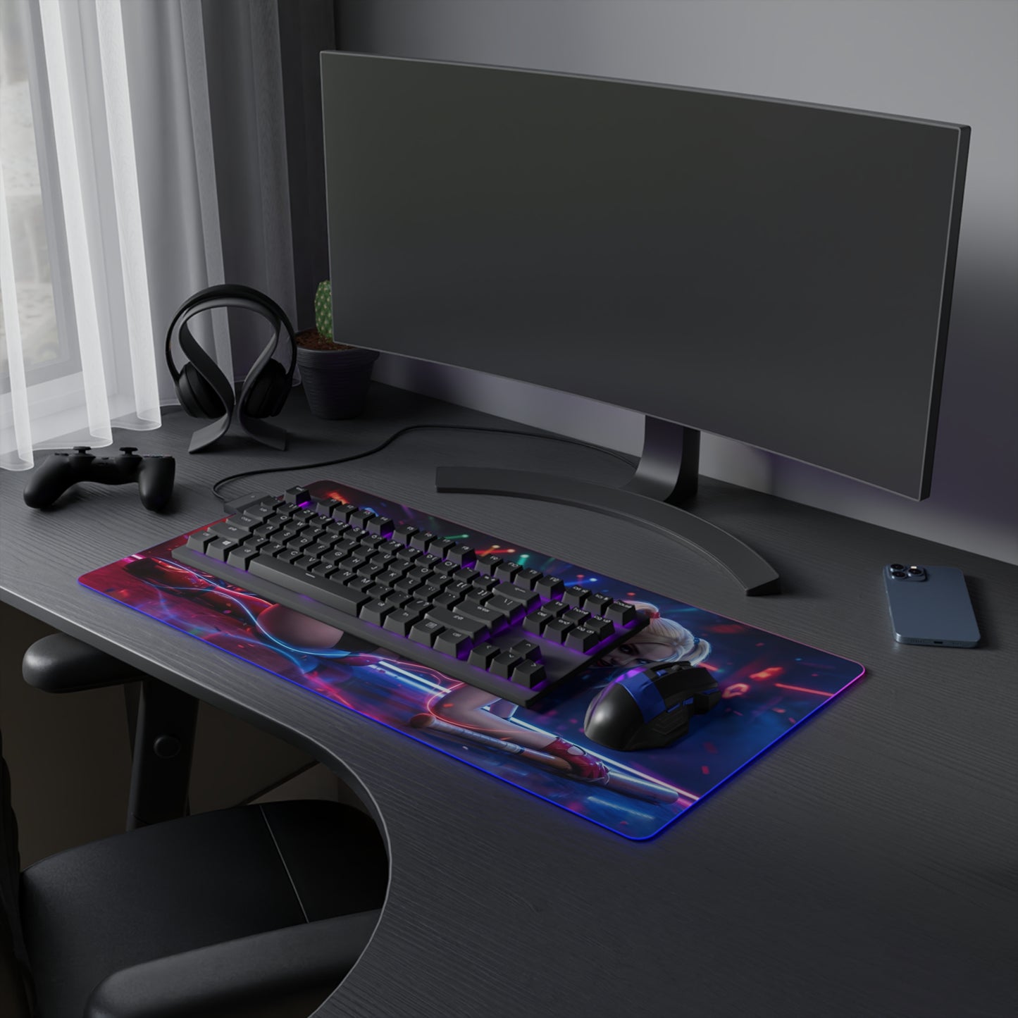 DC Mouse Pad, Harley Quinn LED RGB Desk Mat, Gift for Gamer, Superhero Room Decor — vibrant Harley Quinn gaming desk mat with RGB lighting