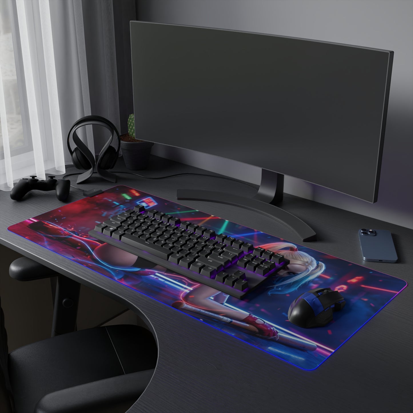 DC Mouse Pad, Harley Quinn LED RGB Desk Mat, Gift for Gamer, Superhero Room Decor — vibrant Harley Quinn gaming desk mat with RGB lighting