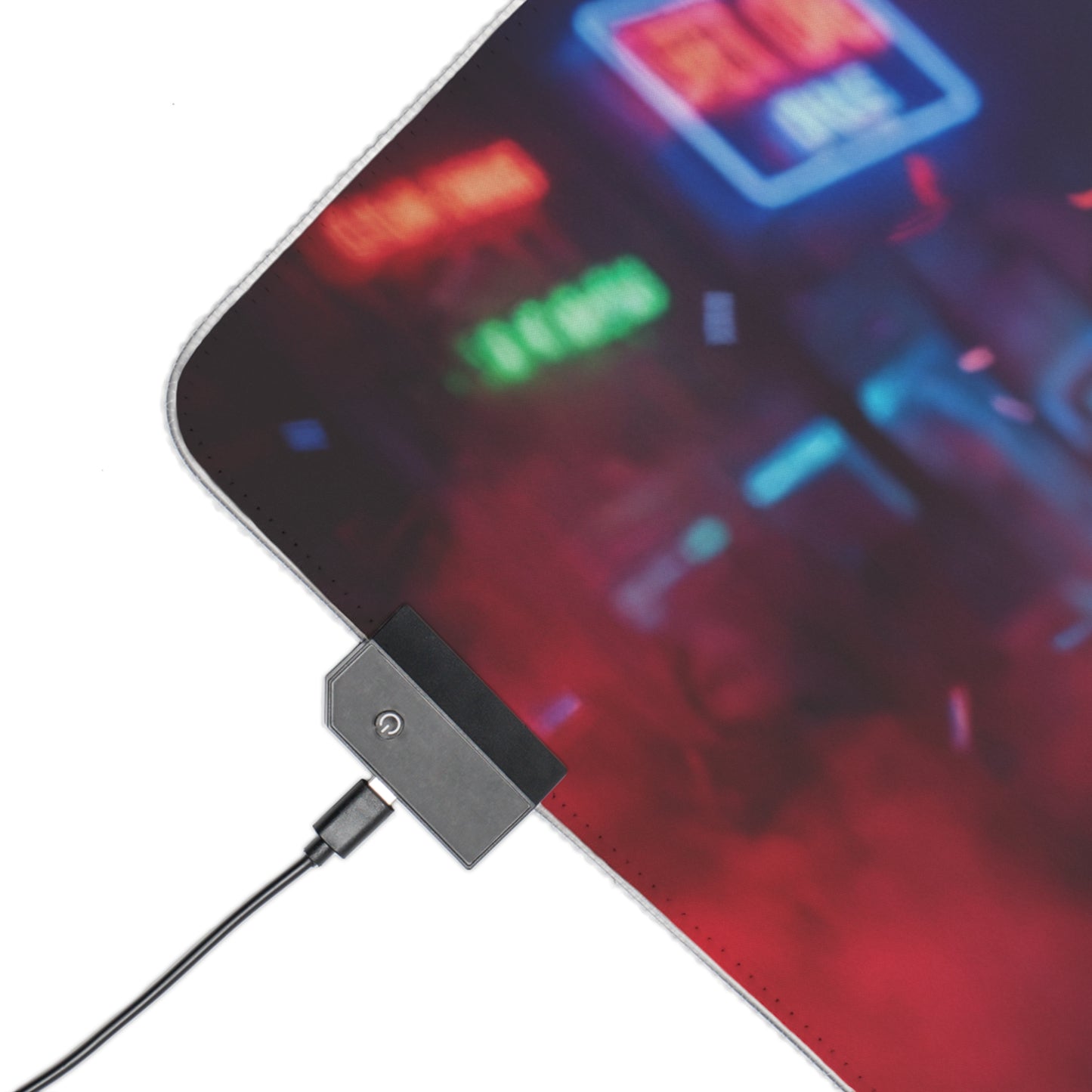 DC Mouse Pad, Harley Quinn LED RGB Desk Mat, Gift for Gamer, Superhero Room Decor - close-up corner with USB LED controller and vibrant red-blue artwork