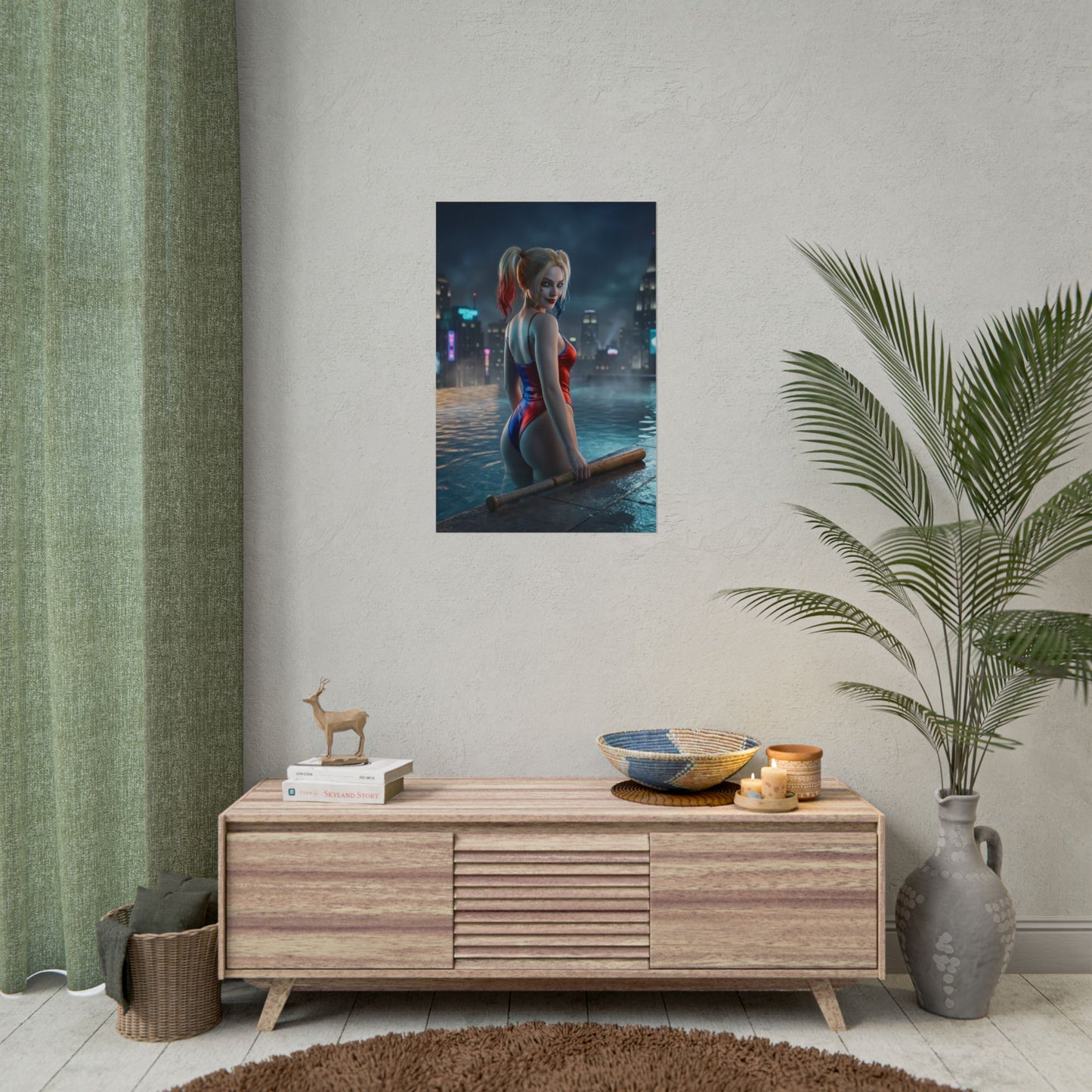 DC Comics Poster – Harley Quinn Art Print, Gotham Character Wall Art featuring Harley Quinn on a rooftop pool with Gotham skyline at night