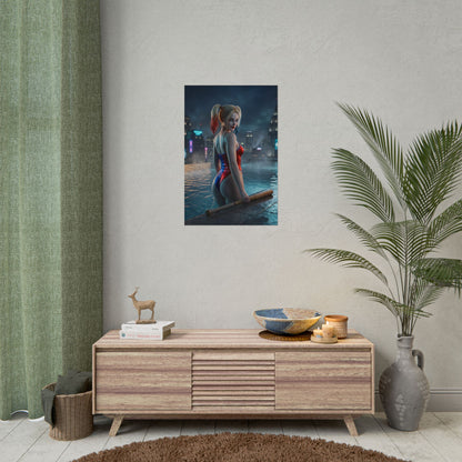 DC Comics Poster – Harley Quinn Art Print, Gotham Character Wall Art featuring Harley Quinn on a rooftop pool with Gotham skyline at night