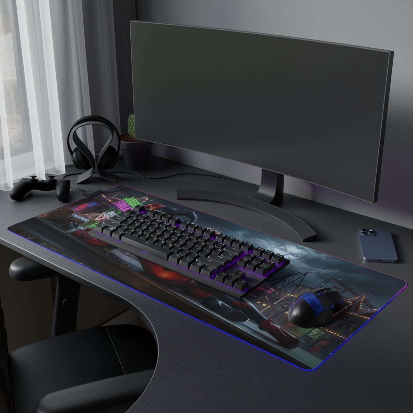 Harley Quinn RGB Mouse Pad – DC Comics Illuminated Desk Mat, Villain Gamer Decor on gaming desk with keyboard and RGB edge lighting