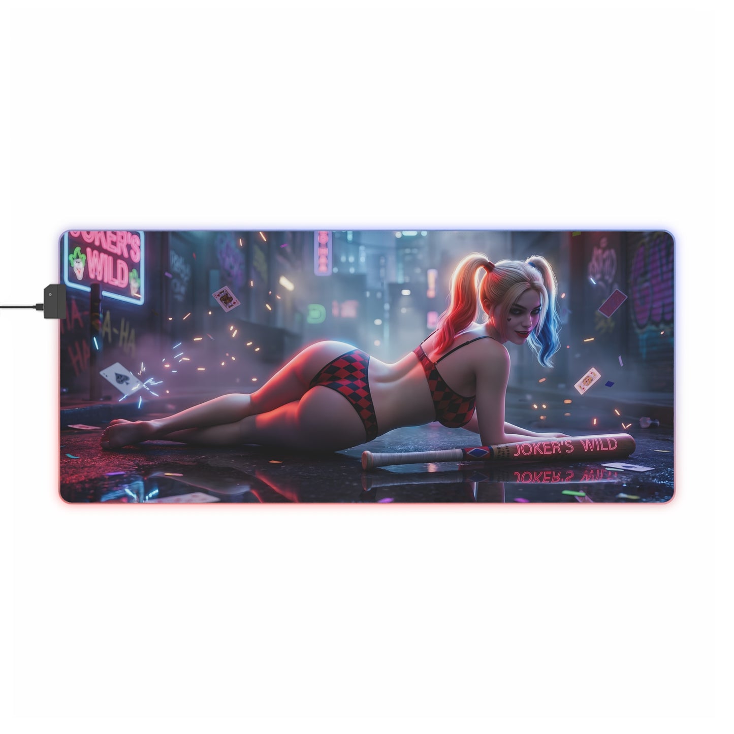 Harley Quinn RGB Mouse Pad – DC Comics Illuminated Desk Mat, Villain Gamer Setup featuring Harley Quinn lounging with neon RGB edge lighting