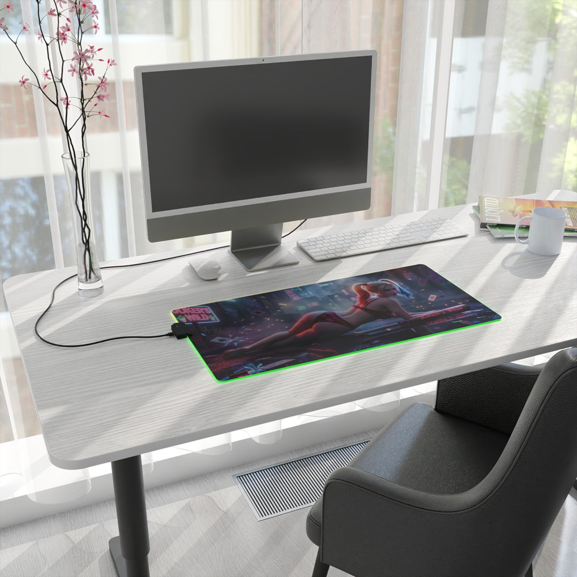 Harley Quinn RGB Mouse Pad – DC Comics Illuminated Desk Mat, Villain Gamer Setup on modern white desk with green edge lighting and full keyboard placement