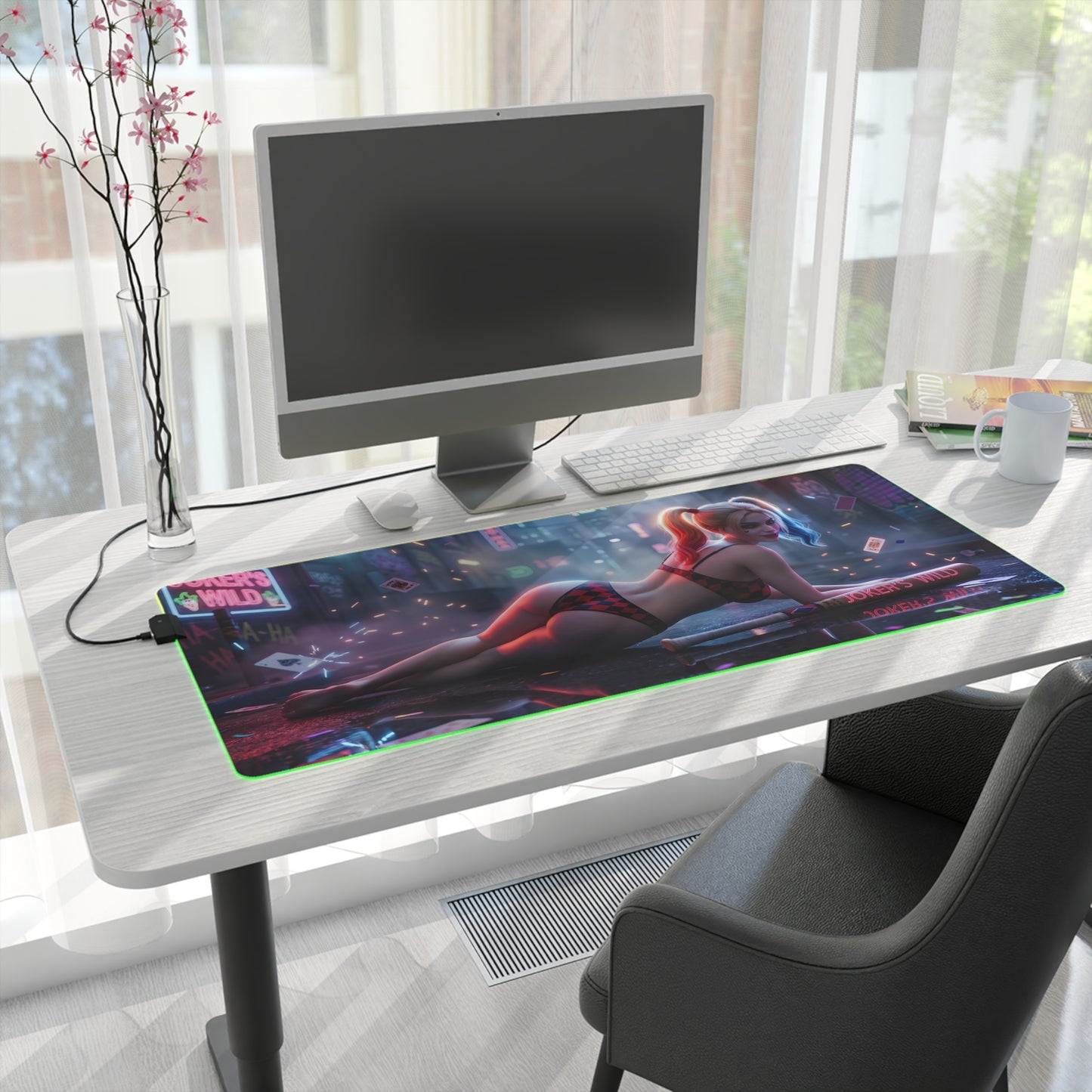 Harley Quinn RGB Mouse Pad – DC Comics Illuminated Desk Mat, Villain Gamer Setup with neon edge lighting and high‑detail villain artwork on extended desk mat