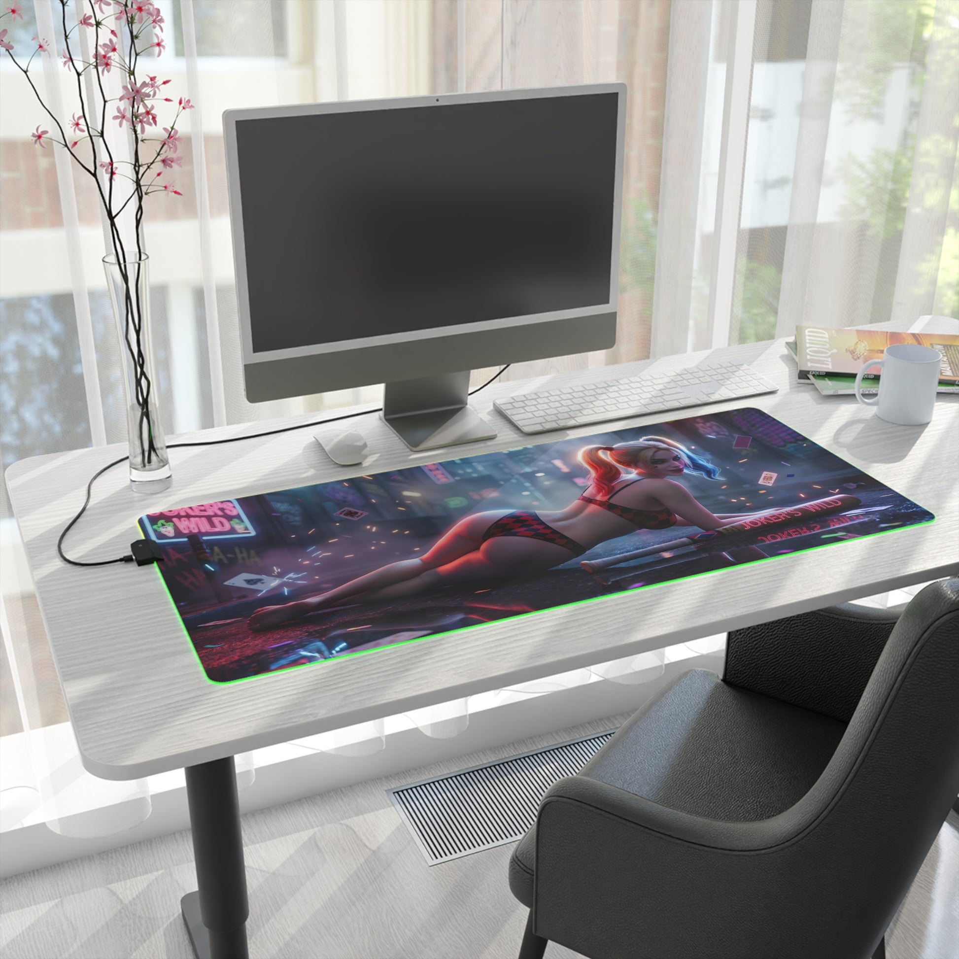 Harley Quinn RGB Mouse Pad – DC Comics Illuminated Desk Mat, Villain Gamer Setup with neon edge lighting and high‑detail villain artwork on extended desk mat