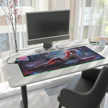 Harley Quinn RGB Mouse Pad – DC Comics Illuminated Desk Mat, Villain Gamer Setup with neon edge lighting and high‑detail villain artwork on extended desk mat