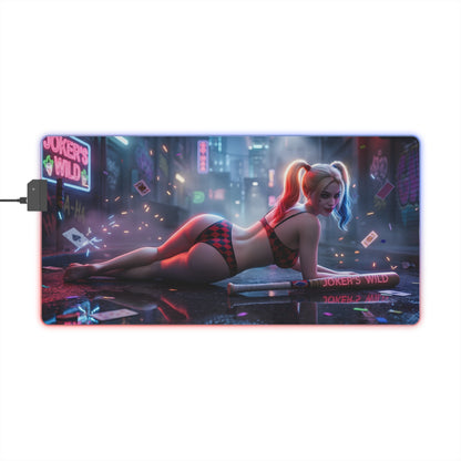 Harley Quinn RGB Mouse Pad – DC Comics Illuminated Desk Mat, Villain Gamer Setup featuring Harley Quinn villain artwork with RGB edge lighting